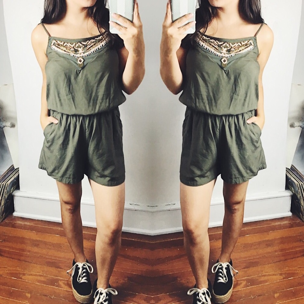 5/$15 Olive Green Romper with Beaded Top